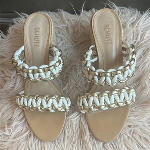 Schutz Gold and White Braided Sandals